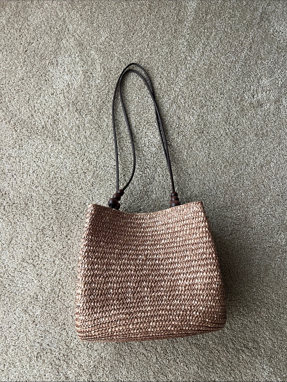 St. John's Bay Woven Straw Tote with Dark Brown Leather Straps
